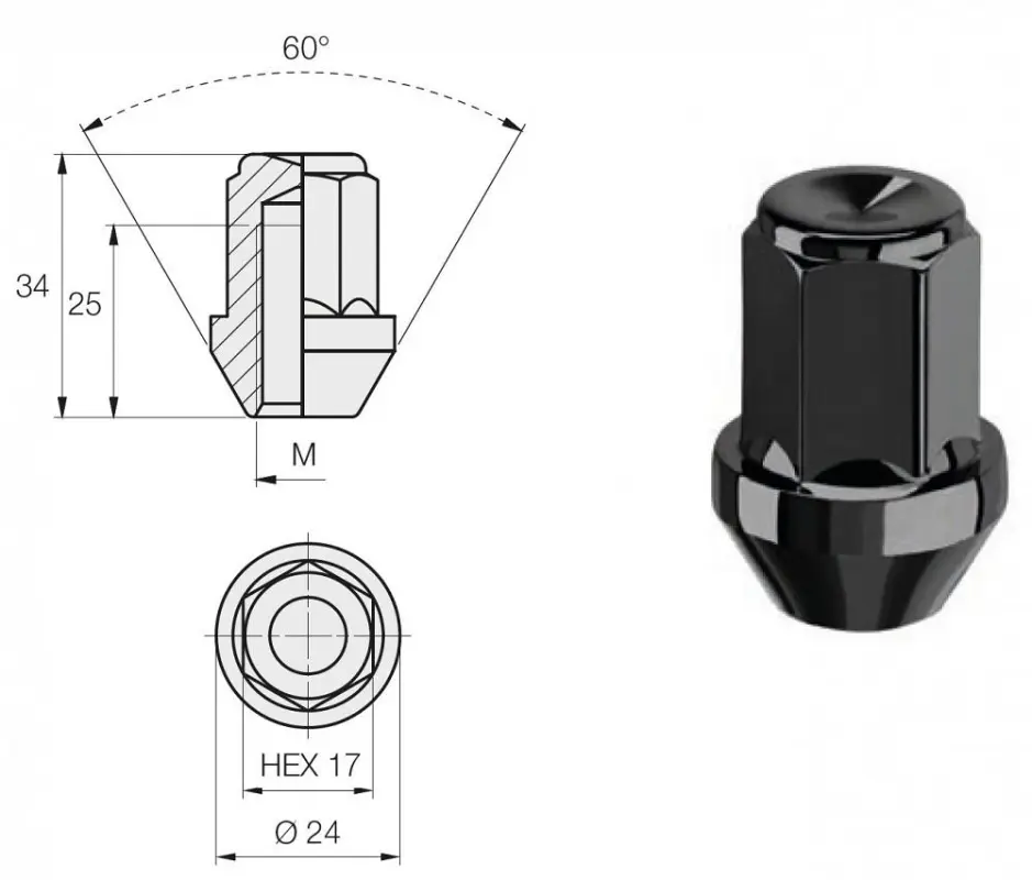 mutteri m12x1.50/34/17 (suljettu. p34. ch17) iso 8. musta (special black)