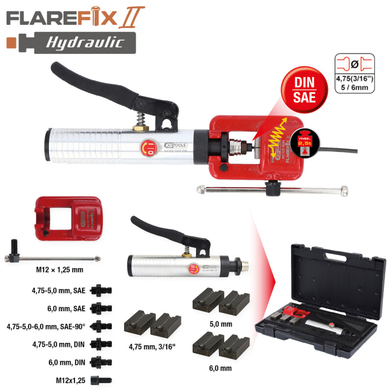 flarefix 2 universaalinen jarruputkien päiden pressimise sarja hydraulisylinterillä, 11-osainen