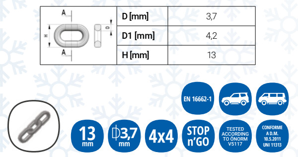 lumiketjut maastoautot verellä, o-normitodistus 235/65-19; 235/75-17; 235/85-16; 245/50-20; 245/55-19; 255/55-19; 255/60-18; 255/75-16; 265/35-22; 265/40-21; 265/45-20; 265/50-19; 265/55-18; 265/